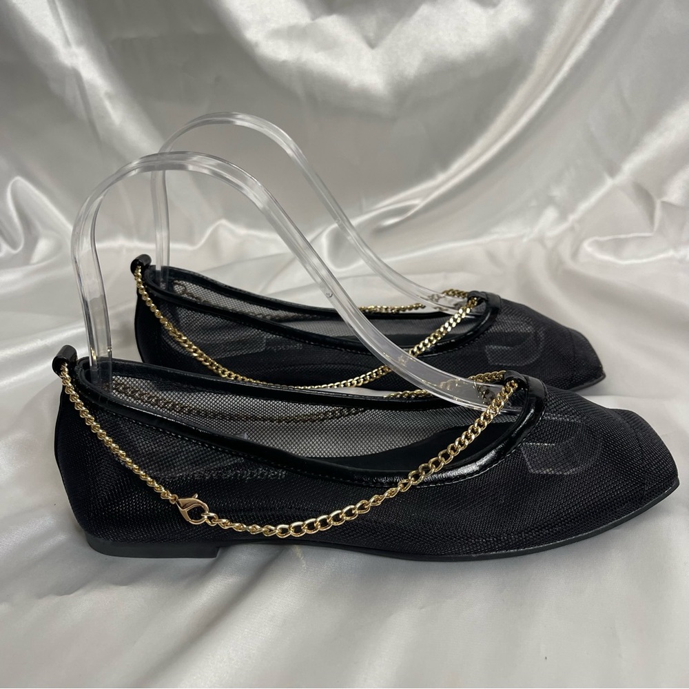JEFFREY CAMPBELL GERALDINE BLACK MESH GOLD
CHAIN BALLET FLATS SIZE 6 - Picture 5 of 11